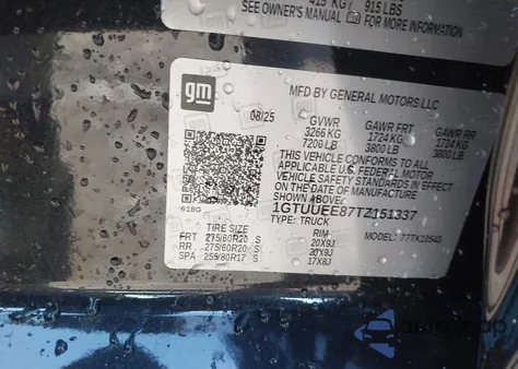 2026 GMC Sierra 1500 , Short Bed, At4, 4Wd из США, поврежденный, VIN 1GTUUEE87TZ151337